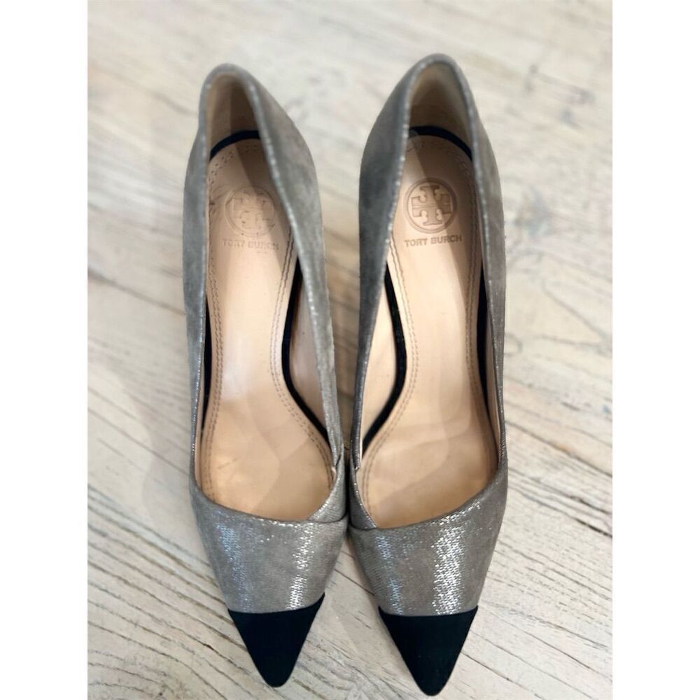 Tory Burch Shaila Heel Women's Pumps Gray Silver Black Cap Toe Size 9.5 - Picture 12 of 16